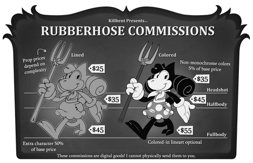 Rubberhose commission sheet, featuring Gracie Goat as an example model.